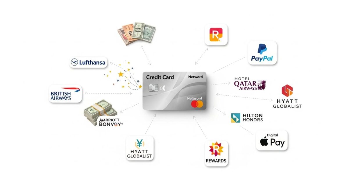 Illustration of credit card with arrows showing transfers between loyalty program partners for rewards